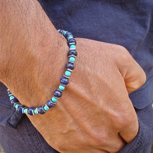 Pulseira masculina minimalista de proteção da amizade espiritual com lápis-lazúli semiprecioso, turquesa, hematita - pulseira David Beckham