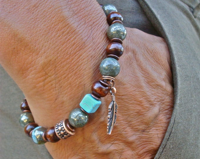 Men's Protection, Luck Tribal Bracelet with Semi Precious Peacock Ore, Turquoise, Mala Wood, Copper Feather Charm - Native American Bracelet