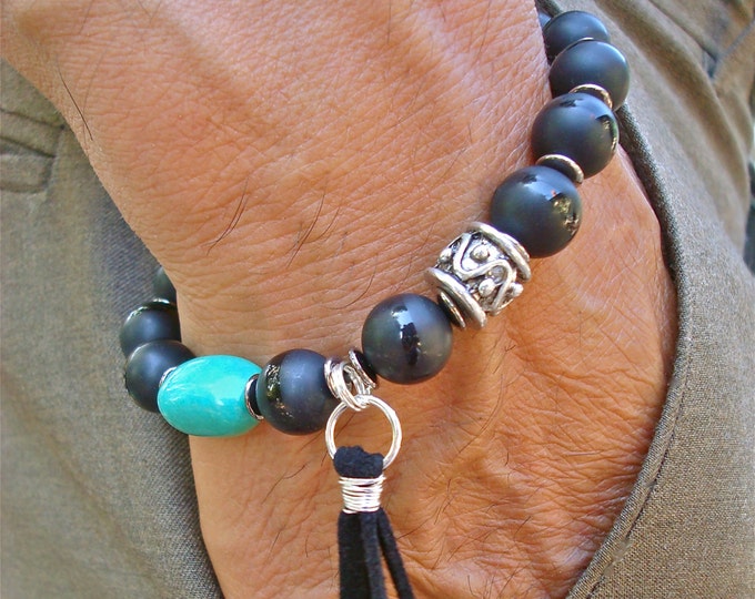 Men's Spiritual Healing, Fortune, Protection Bracelet, Semi Precious Onyx, African Turquoise, Wood, Bali Bead, Leather Tassel Wire Wrapped