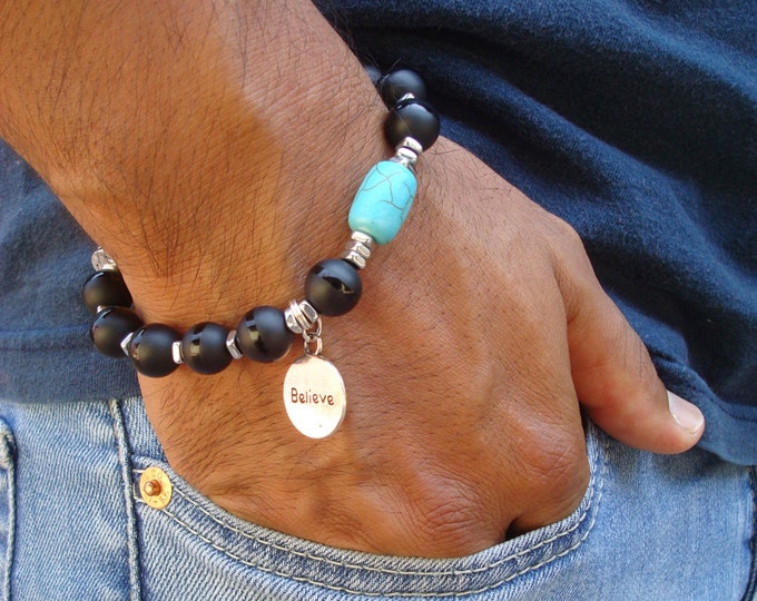 Men's Spiritual, Healing, Protection Bracelet, "Believe/Inspire" - Semi Precious Matte Onyx, Turquoise, Hematites, Bali and Believe Charm