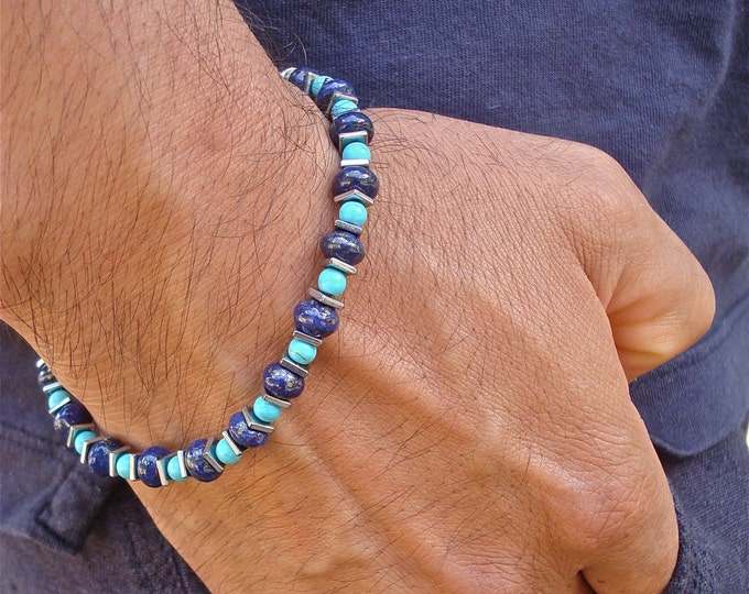 Men's Minimalist Spiritual Friendship Protection Bracelet with Semi Precious Lapis Lazuli, Turquoise, Hematite - David Beckham Bracelet