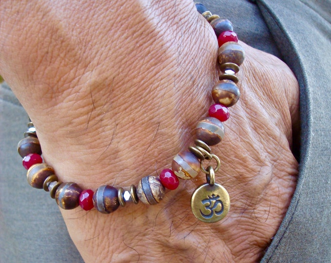 Men's Spiritual Protection, Strength, Serenity Om Bracelet -  Semi Precious Matte Tibetan Agate, Ruby Jade, Hematites, Om Brass Symbol Charm