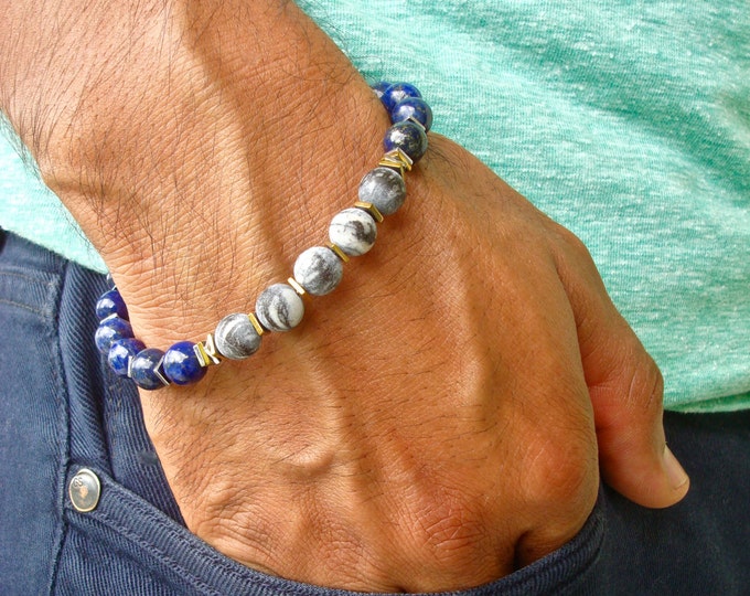 Men's Spiritual Protection, Fortune and Friendship Bracelet with Semi Precious Lapis Lazuli, Hematites, and Matte Silkstone - Bohemian Man
