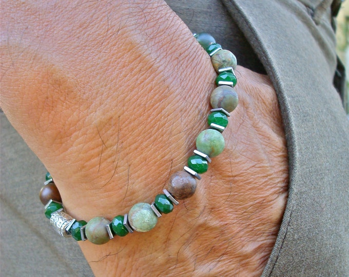 Men's Spiritual Healing, Protection, Serenity Bracelet with Semi Precious Green Matte Opal, Green Jade, Hematites - High Fashion Man
