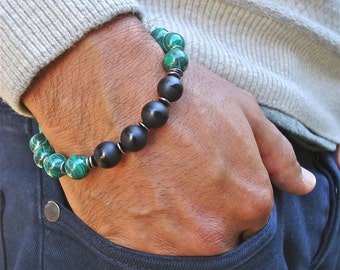 Men's Spiritual Healing and Negativity Protection, Good Fortune Bracelet with Semi Precious African Malachite, Onyx, Gunmetal and Bali Beads