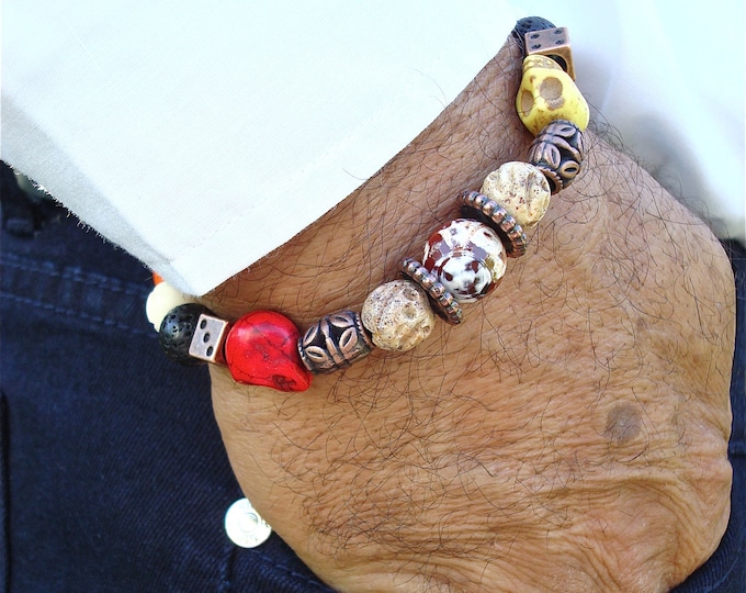 Men's Bracelet with Colorful Skulls Carved Howlite, Carved Stone,and Wood, Black Lava, Fire Agate, Coper Cubes - Rocker Man Bracelet
