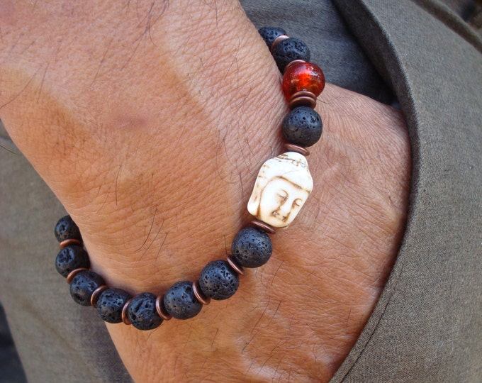 Men's Spiritual Tibetan Buddha, Good Fortune Bracelet with Black Lava, a White Turquoise Carved Buddha, a Red- Orange Murano Bead, Copper