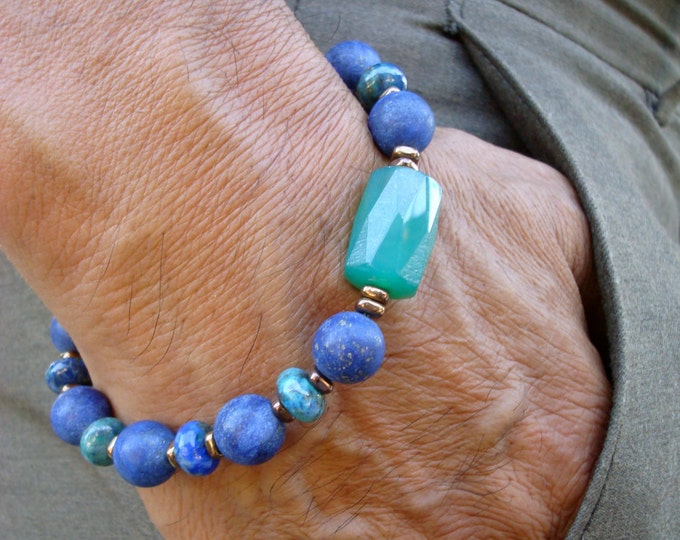 Spiritual, Healing, Love Protection Bracelet with Matte Lapis Lazuli, Chrysocolla, Hematites, Faceted Brazilian Green Agate - Bohemian