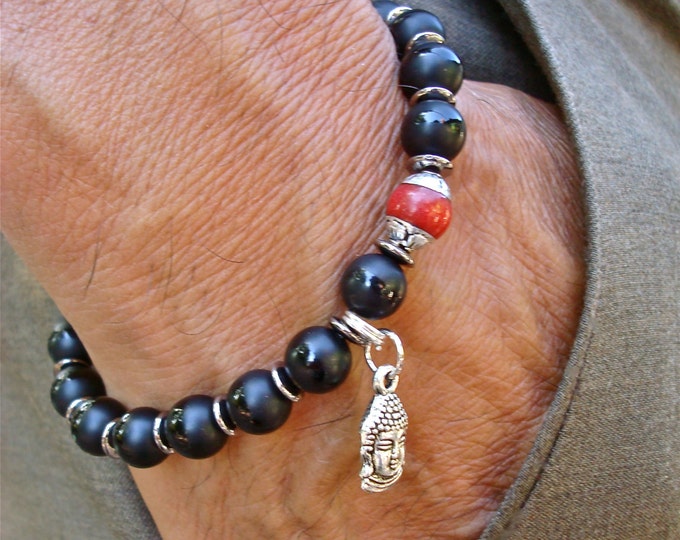 Men's Spiritual Tibetan Buddha Bracelet with Semi Precious Matte Onyx, Antique Tibetan Red Jade Silver Capped, Tibetan Buddha Charm- Fortune