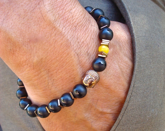 Men's Spiritual Tibetan Serenity, Protection, Fortune Bracelet with Semi Precious Matte Onyx, Yellow Jade, Hematite Buddha - David Beckham