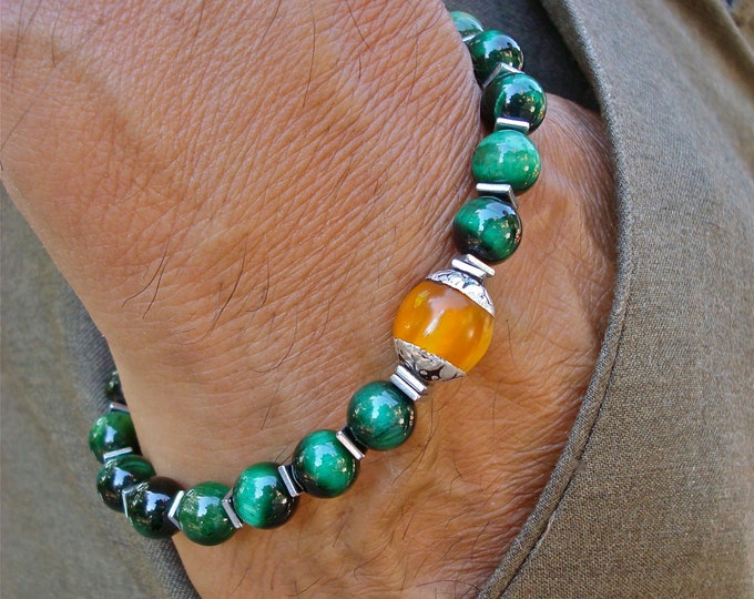 Men's Spiritual Healing and Fortune Tibetan Bracelet with Semi Precious Tibetan Guru Silver Capped, Green Tiger's Eye, Hematites