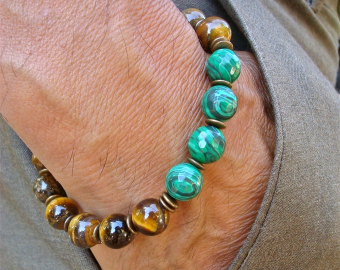 Men's Spiritual Healing, Protection Bracelet with Semi Precious Tiger's Eye, Faceted Malachite, Brass, Wood- Fortune Success Man Bracelet