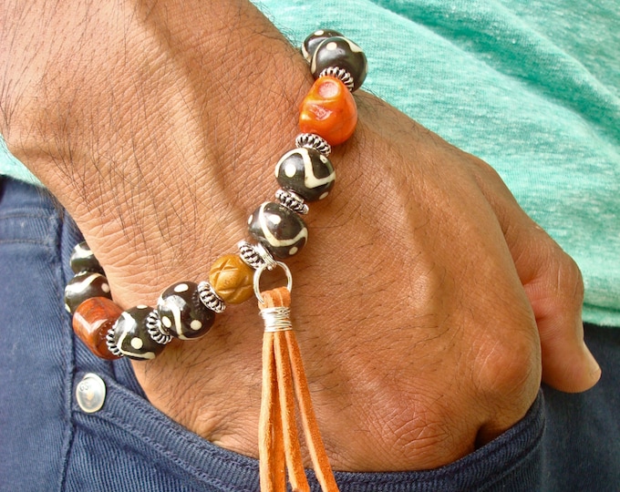 Men's Tribal Bracelet Terracotta Jasper, Hand Carved Skull Howlite, Bone, Wire Wrapped Leather Tassel Charm, Steampunk Bracelet - Rocker Man