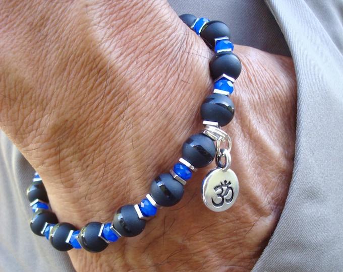 Men's Spiritual Healing, Protection, Fortune Bracelet with Semi Precious Cobalt Chalcedony, Matt Onyx, Silver Hematites, Bali Om Charm