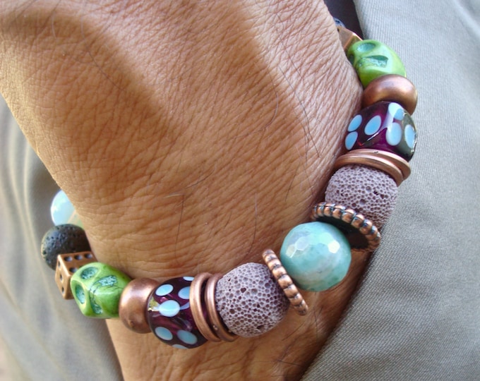 Men's Rocker Bracelet with Semi Precious Amazonite, Moonstone, Lava, Murano Beads, Copper, Wood, Howlite - High Fashion, Boho Man Bracelet