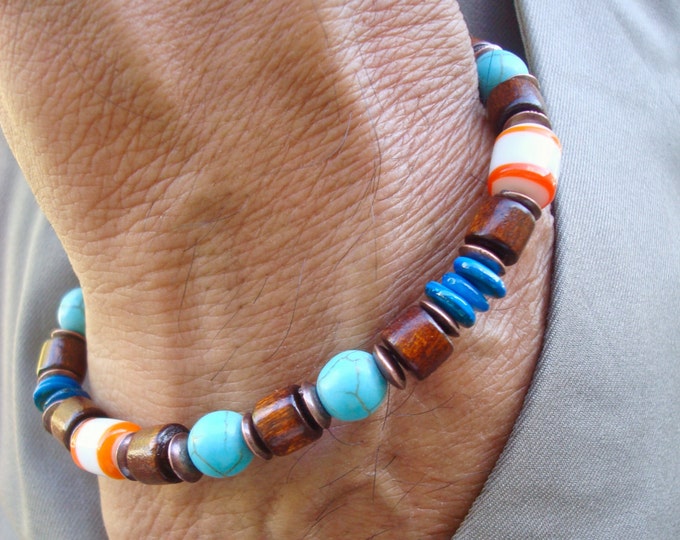 Men's Spiritual Protection Bracelet with Murano Beads White and Orange, Brown Wood Rondelles, Cobalt Shell, Copper, Turquoise - Free Spirit