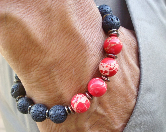 Men's Spiritual Strength, Fortune, Protection Bracelet with Semi Precious Red Imperial Jasper, Black Lava, Gunmetal - Bohemian Man - Fashion