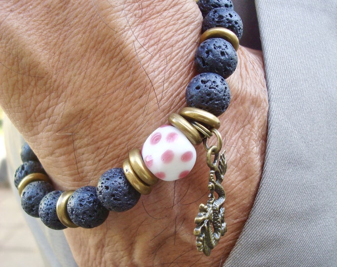 Men's Spiritual Wisdom, Success, Strength Bracelet with Black Lava, Brass, White and Red Murano Bead, Brass Chinese Dragon Charm - Boho Man
