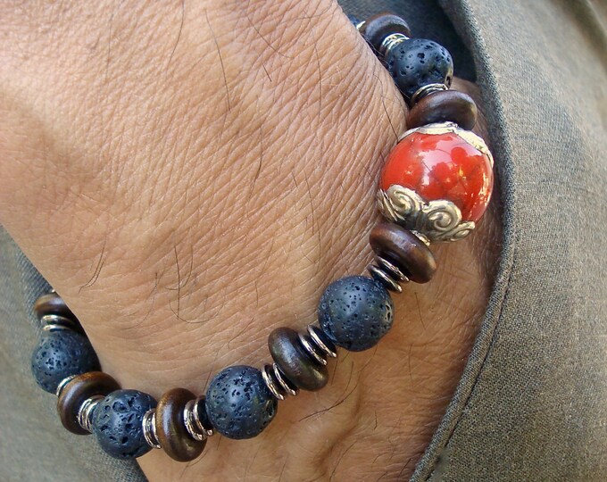 Men's Spiritual Nepalese Bracelet, Red Resin Guru Silver Capped, Lava, Wood, Gunmetal Rondelles, Bohemian Tibetan Yoga Man Bracelet- Fortune