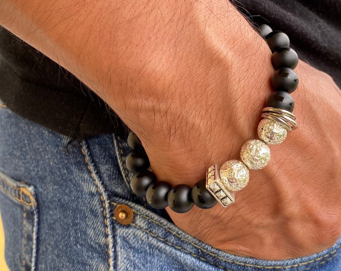 Spiritual Strength and Fortune Men's Bracelet with Black Matte Onyx, Electroplated Silver Lava, Carved Wood, Bali Beads - Bohemian Man