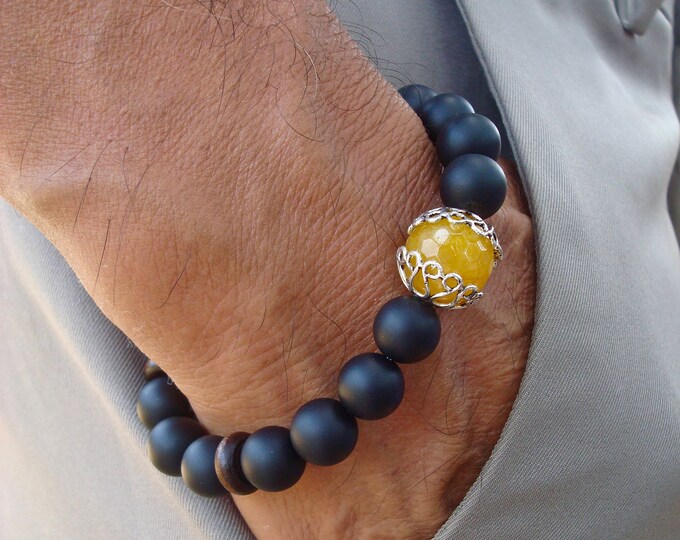 Men's Spiritual Love, Fortune Bracelet with Semi Precious Black Matte Onyx, Yellow Faceted Agate, Wood Rondelles, Bohemian Man Bracelet
