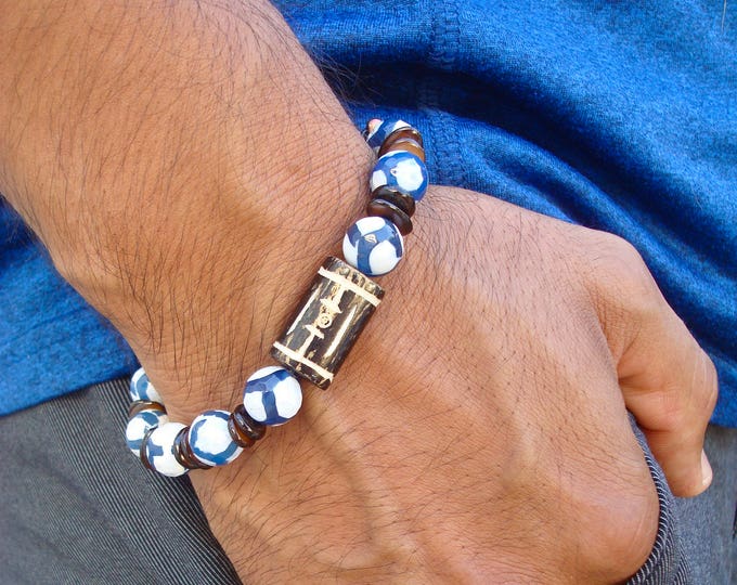 Men's Spiritual Tibetan Bracelet with Peace and Balance Carved Bone Symbol, Semi Precious Tibetan Agates, Shell - Love Man Bracelet