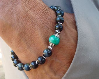 Men's Spiritual Healing, Protection, Wisdom Tibetan Bracelet with Semi Precious Blue Yellow Tiger's Eye, Tibetan Green Jade, Hematites