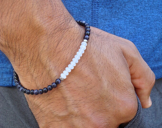 Men's Minimalist Spiritual Healing, Protection, Prosperity, Happiness Bracelet - Semi Precious Blue Aventurine, Faceted Moonstone, Hematites