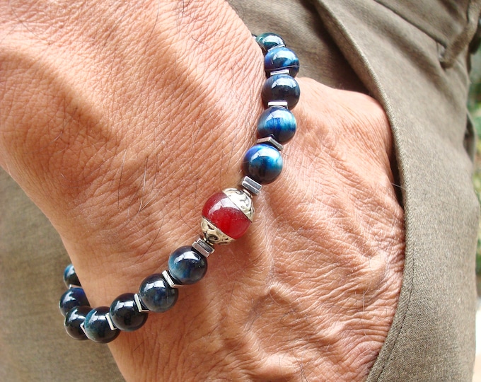Men's Spiritual Protection, Fortune Bracelet with Semi Precious Hawk's Eye or Blue Tiger's Eye, Hematites, Nepalese Carnelian Silver Capped