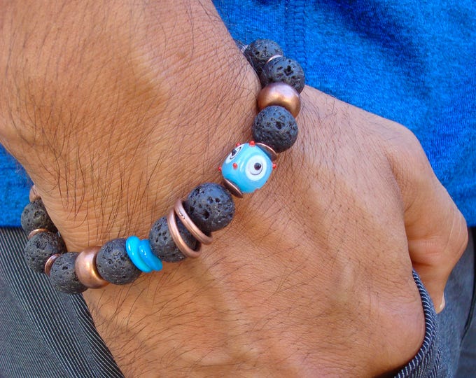 Men's Spiritual Evil Eye Protection Bracelet with Black Lava, handcrafted Nazar Boncugu Evil Eye bead, Copper and Shell Rondelles, Wood