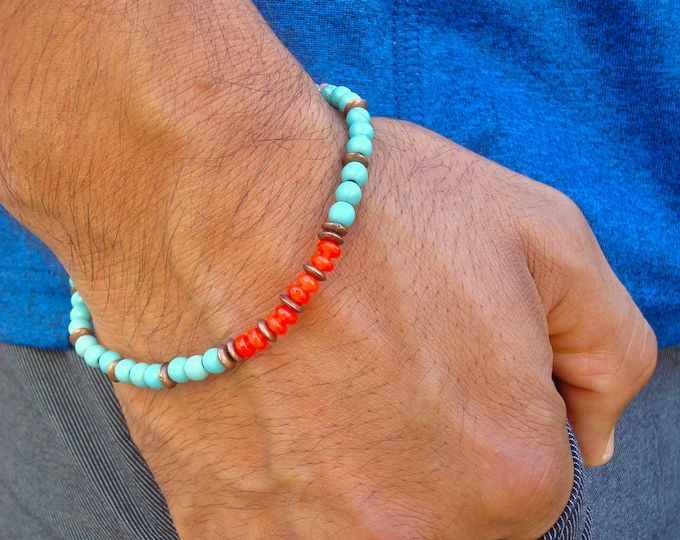 Men's Minimalist Healing, Serenity Bracelet with Semi Precious Orange Jade, Turquoise, Copper Rondelles - High Fashion Minimalist Man