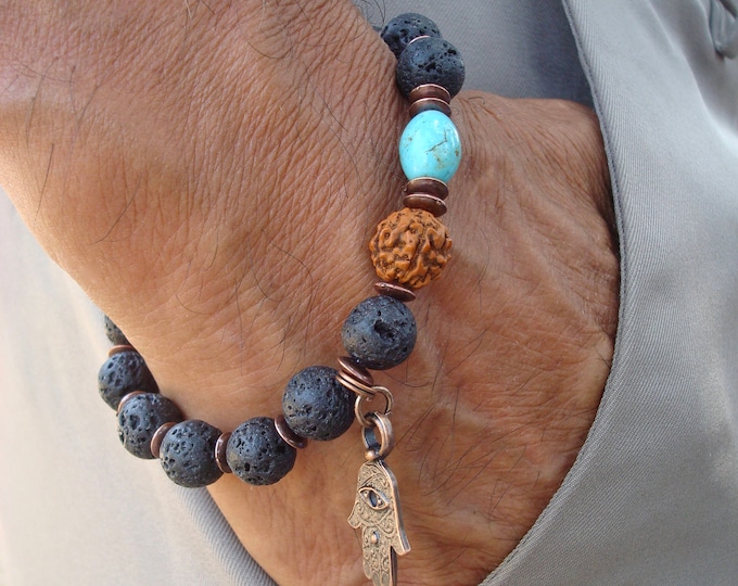 Men's Spiritual Protection, Fortune, Strength Bracelet, Black Lava, Turquoise, Himalayan Rudraksha, Evil Eye Protection Hamsa Copper Charm
