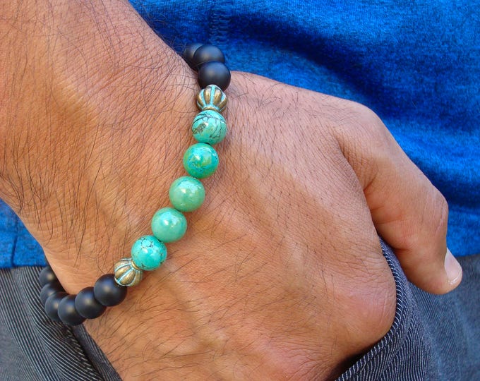 Men's Spiritual Protection, Fortune Bracelet with semi precious Green Blue Turquoise, Matte Black Onyx, Brass - Bohemian Man Bracelet