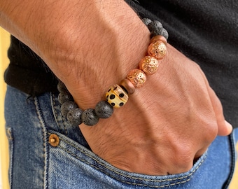 Men's Bohemian Courage and Strenght Bracelet with Electroplated Lava, Murano Bead, Copper Bali beads