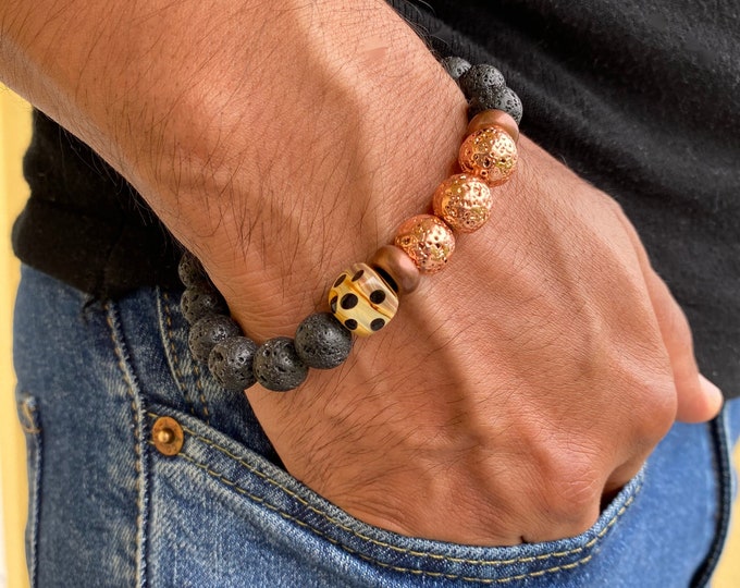 Men's Bohemian Courage and Strenght Bracelet with Electroplated Lava, Murano Bead, Copper Bali beads