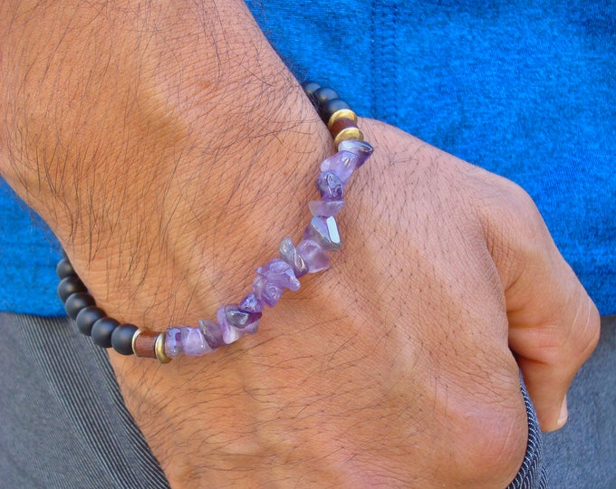 Men's Spiritual Healing, Protection, Clarity, Fortune Bracelet - Semi Precious Purple Amethyst, Black Matte Onyx, Wood and Brass Rondelles