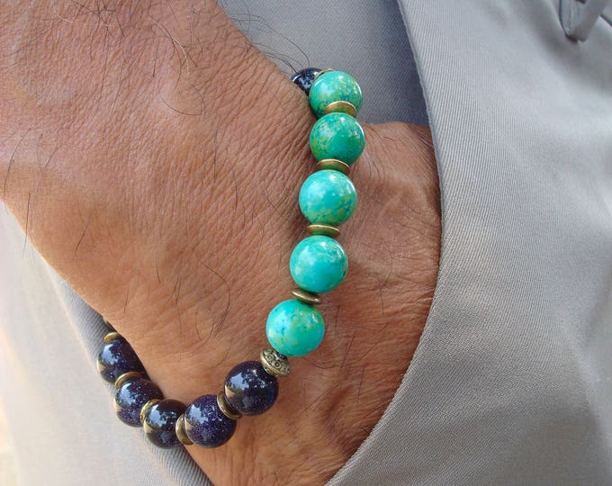 Men's Spiritual Protection Bracelet  Semi Precious Blue Aventurine, Turquoise, Brass Filigree - Love Man Bracelet - Fortune Man Bracelet