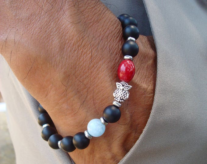 Men's Spiritual Protection, Tranquility, Fortune, Owl Wisdom Bracelet Semi Precious Aquamarine, Carnelian, Black Onyx, Hematites Bali Owl