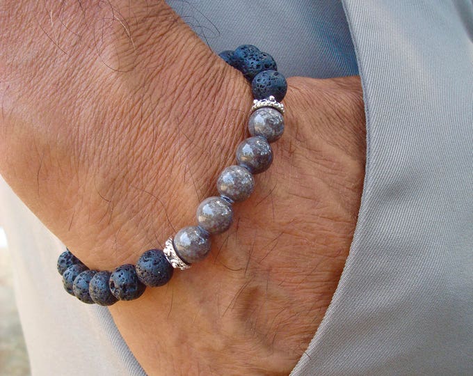 Men's Spiritual Protection, Strength, Wisdom, Serenity Bracelet with Semi Precious Gray Jade, Black Lava - Fortune Man Bracelet