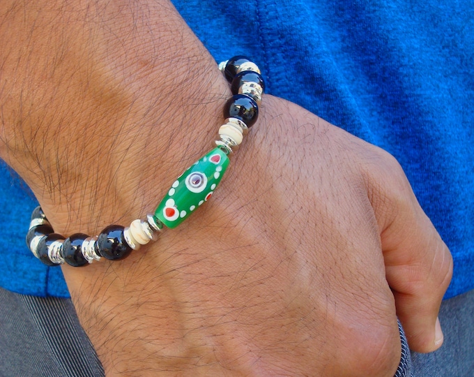 Men's Evil Eye Protection Bracelet - White Howlite, Green Nazar Boncugu, Jet Glass, Silver Tone Rondelles, Evil Eye Protection Man Bracelet