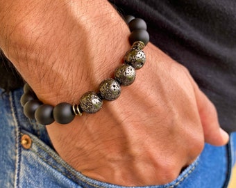 Fortune and Strength Men's bracelet - Matte Onyx, Electroplated Gunmetal Lava, Carved Wood Cube, Gunmetal Rondelles Bohemian Man Bracelet