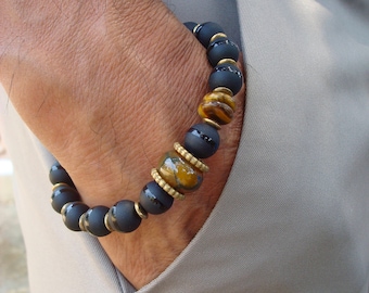 Men's Spiritual Healing, Protection, Fortune Bracelet with Semi Precious Black Onyx, Tiger's Eye, Dragon Vein Agate, Brass - Bohemian Man