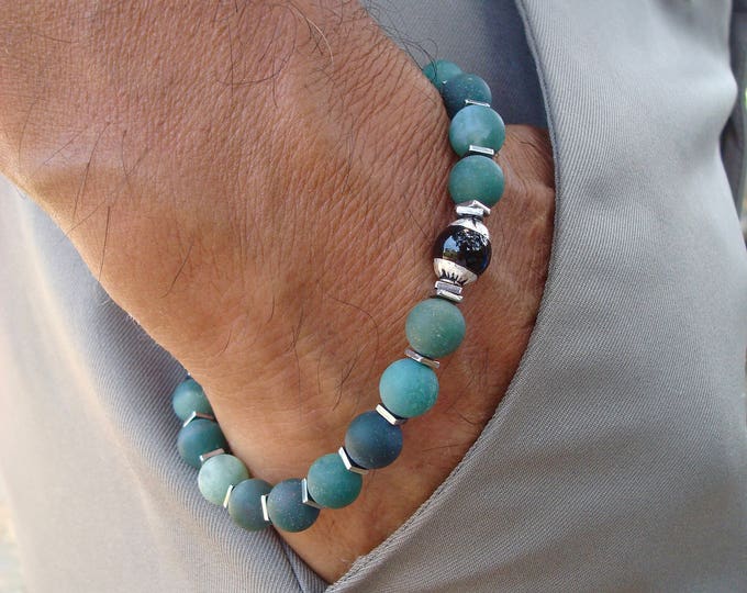Men's Spiritual Protection, Abundance Tibetan Bracelet with semi precious Matte Moss Agate, Hematites, Tibetan Black Obsidian Silver Capped