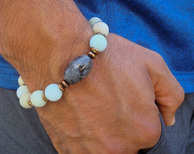 Men's Spiritual Healing, Protection, Abundance Bracelet - Semi Precious Amazonites, Labradorite, Bronze Hematites - Bohemian Man Bracelet