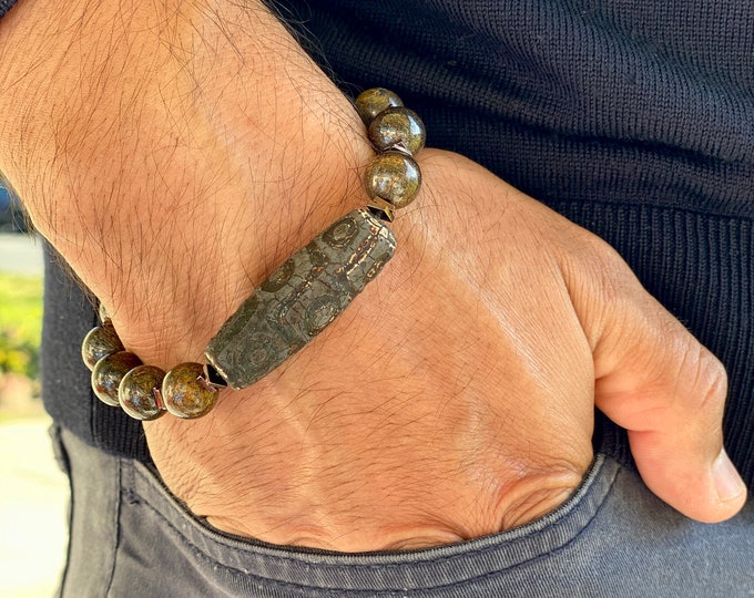 Men's Spiritual Tibetan Bracelet with Semi Precious Hematites, Bronzites, Nepalese Tiger Tooth Dzi Protection Agate, Luck , Fortune, Power