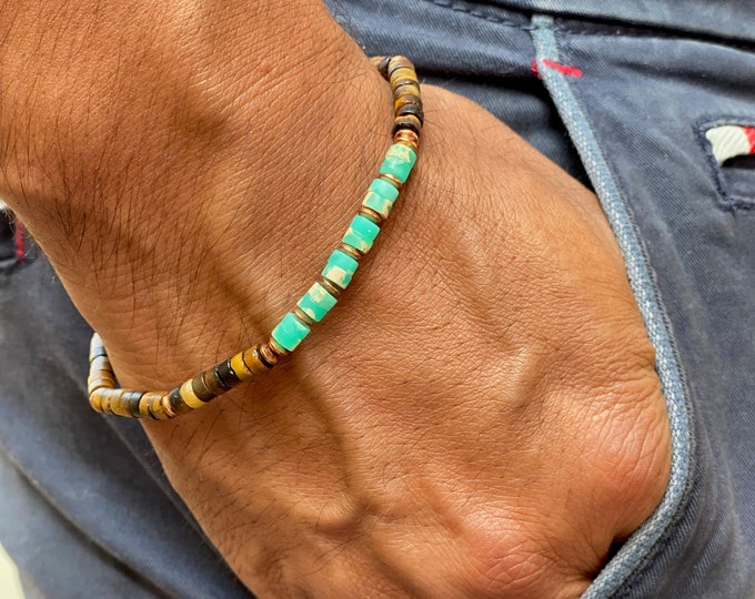 Minimalist Spiritual Protection, Balance, Protection Bracelet - Semi Precious Heishi Tiger Eye, Sea Sediment Aqua Imperial Jasper, Copper