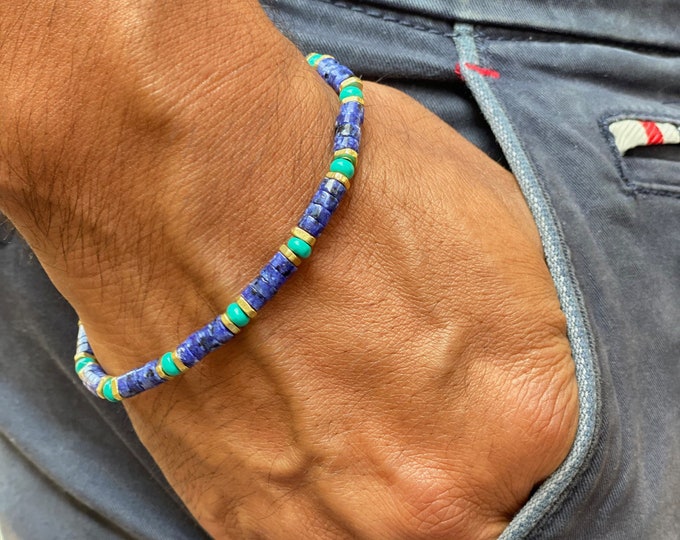 Truth - Protection Spiritual Minimalist Man Bracelet, Semi Precious Heishi Lapis Lazuli, African Turquoise, Ethnic Brass
