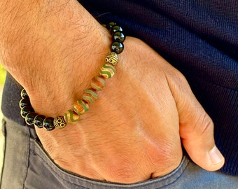 Men's Spiritual Healing, Courage Protection Bracelet with Semi Precious Tibetan Brown and Olive Agates , Black Jasper, Filigree Brass beads