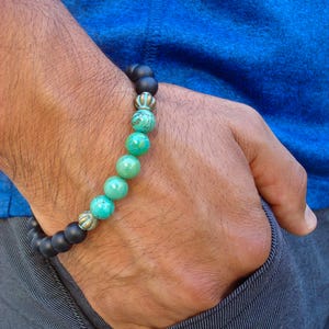 Men's Spiritual Protection, Fortune Bracelet with semi precious Green Blue Turquoise, Matte Black Onyx, Brass - Bohemian Man Bracelet