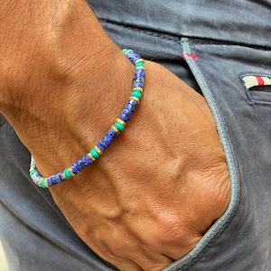 Truth - Protection Spiritual Minimalist Man Bracelet, Semi Precious Heishi Lapis Lazuli, African Turquoise, Ethnic Brass